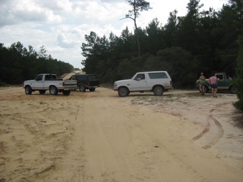 1994 Ford Bronco - Several Ford vehicles are parked on a dirt road in a wooded area, with people standing near one of the trucks.