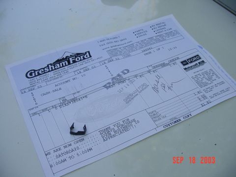 1989 Ford Bronco - A Gresham Ford customer copy receipt from September 18, 2003, with a small metal clip.