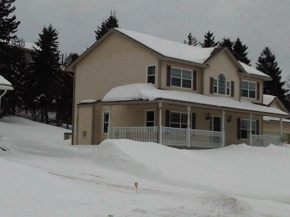 House covered in snow with trees in the background