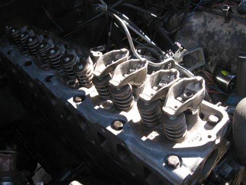 1981 Ford Bronco - Top-down view of a bare cylinder head installed on a V8 block with the valve cover off, showing valve springs, black rubber valve-stem seal…