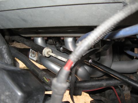 1994 Ford Bronco - Close-up view of engine exhaust headers, surrounded by various hoses and wiring.