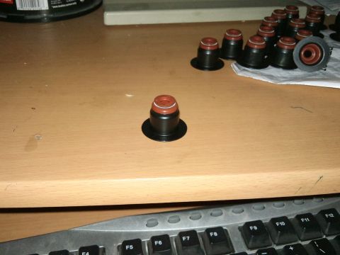 1998 Ford Crown Victoria - Valve seals are laid out on a desk next to a keyboard.