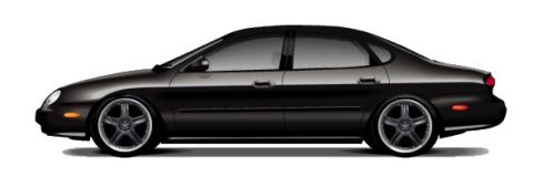 1999 Ford Taurus - A side profile of a black 1999 Ford Taurus sedan is shown against a white background.