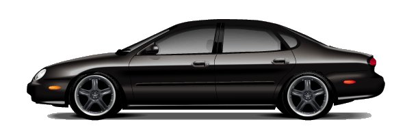 Black 1999 Ford Taurus sedan, side view, with custom wheels and tinted windows