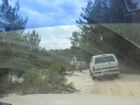 1990 Ford Bronco - Two trucks navigate a sandy path through a wooded area under a cloudy sky.