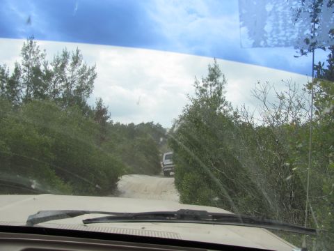 1990 Ford Bronco - Driving on a dusty dirt road surrounded by trees, with another vehicle in the distance.