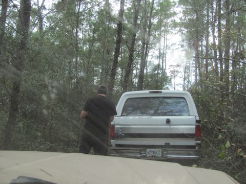 1990 Ford Bronco - Rear view of a 1990 Ford Bronco parked in a wooded area, with another vehicle in front.