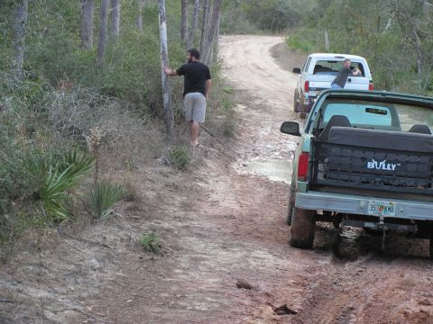 1990 Ford Bronco - Two trucks navigate a muddy trail through a wooded area.