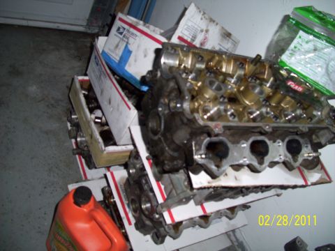 1995 Ford Probe - Engine components are organized in boxes, with an orange liquid container visible in the foreground.