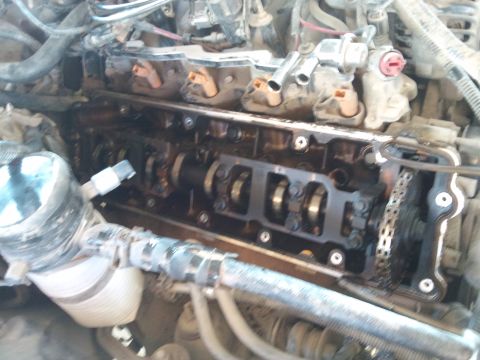 1998 Ford Crown Victoria - Close-up of engine internals with valve cover removed, revealing camshafts and timing chain.