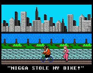 1977 Ford Mustang II - Pixel art scene from a video game with characters and a cityscape.