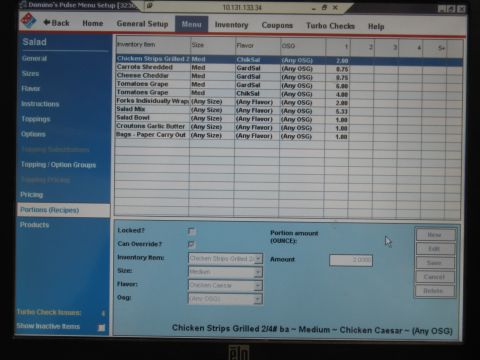 1991 Ford Crown Victoria LTD - Screenshot of a restaurant's inventory management system interface, displaying menu setup and item details.