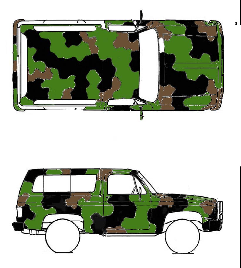 Color illustration of an SUV top and side views painted in green, brown and black woodland camouflage