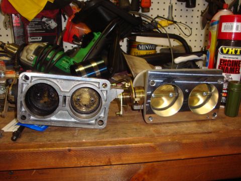 1989 Ford Bronco - Comparison of a clean and dirty throttle body, likely for engine work.