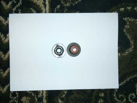 1998 Ford Crown Victoria - Two valve seals are shown on a white piece of paper, with a carpeted background.