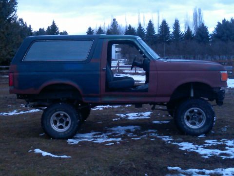 1988 Ford Bronco - This modified Ford Bronco, likely from the late 1980s, sits in a grassy field with scattered snow.
