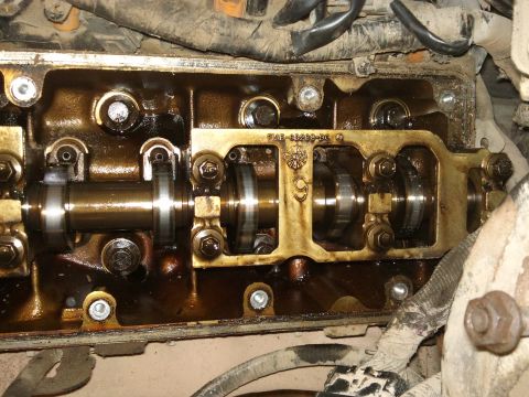 1998 Ford Crown Victoria - Close-up view of an engine's internal valve train components, showing camshafts and associated hardware.