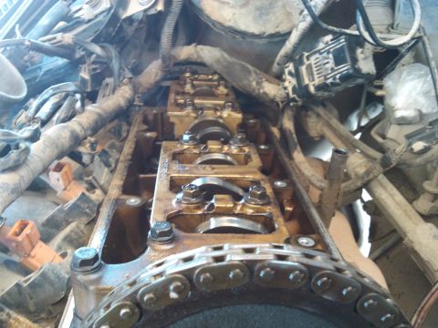 1998 Ford Crown Victoria - Close-up view of an engine's internal components, showing the valve train and timing chain.