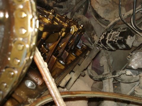 1998 Ford Crown Victoria - Close-up of an engine's valve train, showing mechanical components and oil.