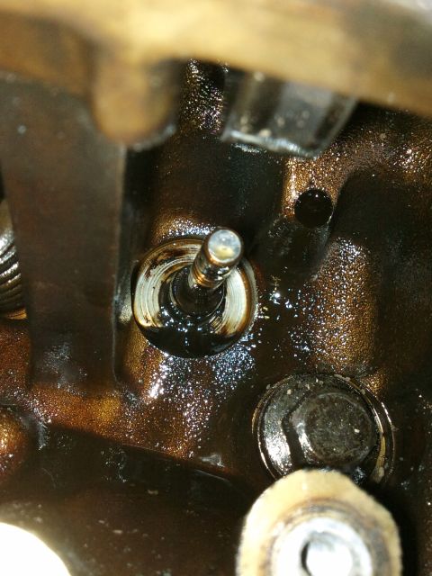 1998 Ford Crown Victoria - Close-up view of an engine valve stem, showing oil residue within the engine block.