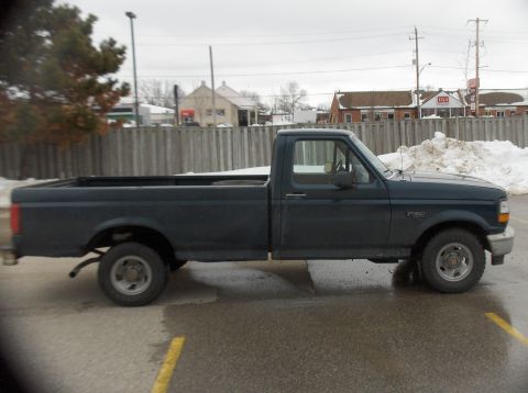 1994 Ford F-150 - This dark green pickup truck is seen from the side on a cloudy day with snow in the background.