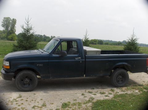 1994 Ford F-150 - Side view of a dark green Ford F-150 pickup truck with a toolbox in the bed, parked outdoors.