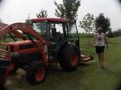 1994 Ford F-150 - An orange tractor with a front loader is parked on a grassy field next to a man.