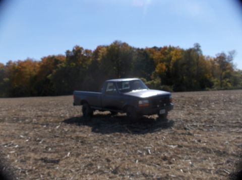 1994 Ford F-150 - A dark blue pickup truck sits in a field under a clear blue sky with fall foliage visible.