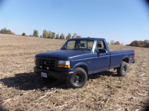 1994 Ford F-150 - A blue 1994 Ford F-150 pickup truck is viewed from a three-quarter front angle in an open field.