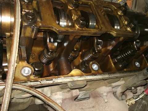 1998 Ford Crown Victoria - Close-up view of an engine's internal valve train components, covered in oil.
