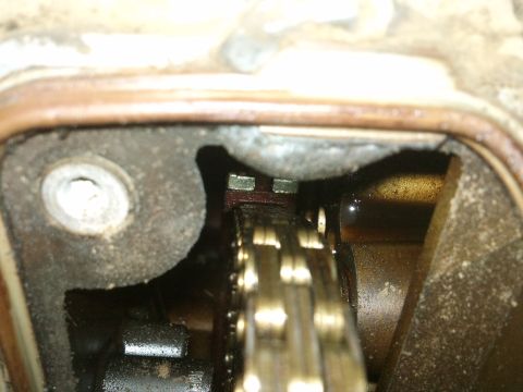 1998 Ford Crown Victoria - A close-up view of the internal workings of an engine, focusing on the timing chain mechanism.