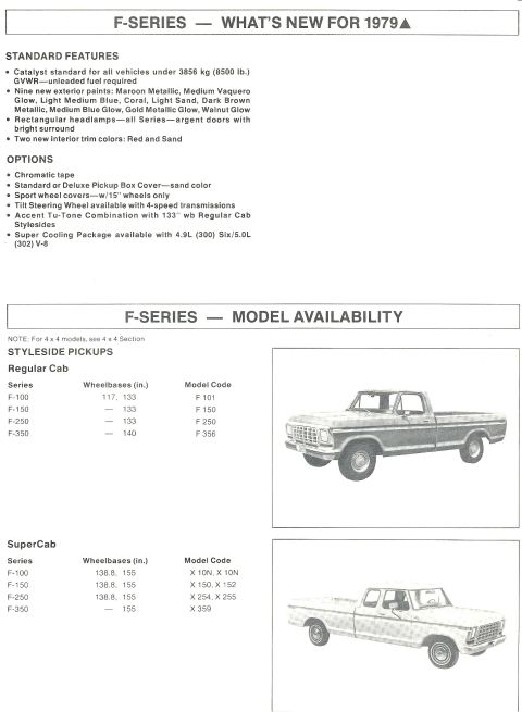 1979 Ford Bronco - This document details the F-Series trucks for 1979, including features and model codes, with accompanying illustrations.