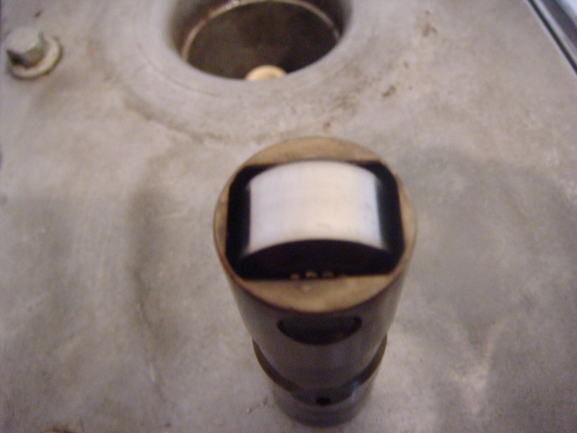 Close-up of an engine valve lifter with a white plastic insert