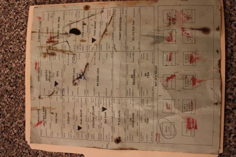 1985 Ford Bronco - A worn document lists various vehicle parts and inspection points, with some areas marked.