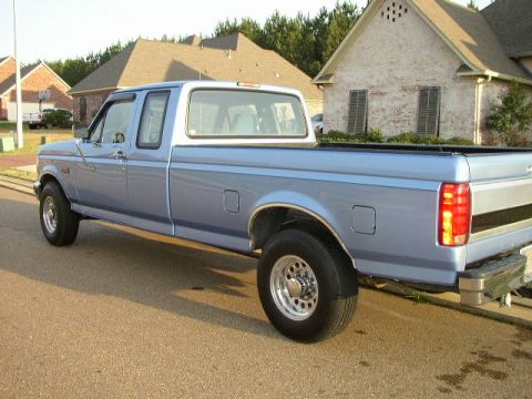 1995 Ford Bronco - This blue Ford F-Series pickup truck is shown from the rear 3/4 angle.