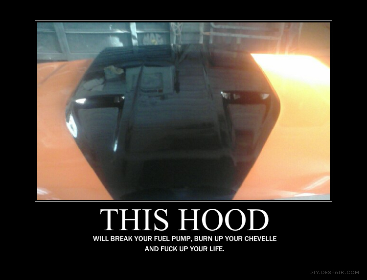 Black car hood with two raised sections, resting on an orange surface