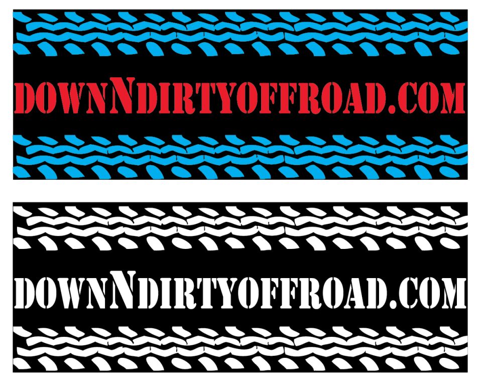 Two tire track designs with 'DOWNNDIRTYOFFROAD.COM' text