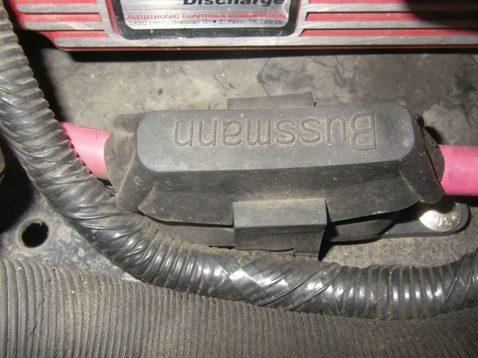 Black Bussmann inline fuse holder with red cables and wiring loom in an engine bay.