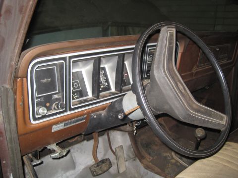 1979 Ford Bronco - The interior of a 1979 Ford Bronco shows its dashboard, steering wheel, and gauges.