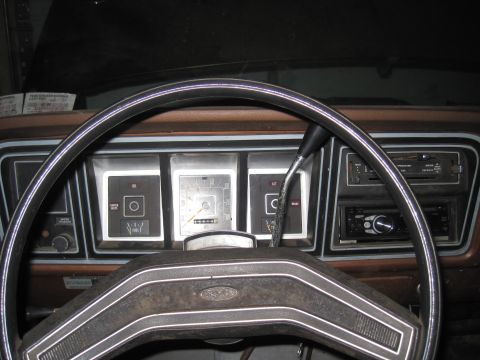 1979 Ford Bronco - Interior view of a 1979 Ford Bronco, the dashboard, steering wheel, and gauges.