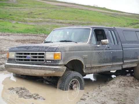 1991 Ford Bronco - This 1990 Ford F-250 is stuck deep in the mud, with its front tires submerged.