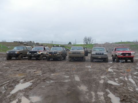 1991 Ford Bronco - A collection of trucks are lined up in a muddy field under an overcast sky.