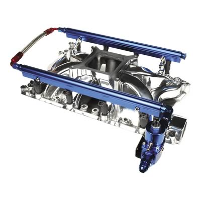 1990 Ford Bronco - Aftermarket fuel injection intake manifold with blue fuel rails and injectors.