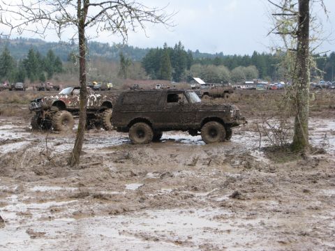 1978 Ford Bronco - Muddy off-road event features a 1978 Ford Bronco and other vehicles tackling challenging terrain.