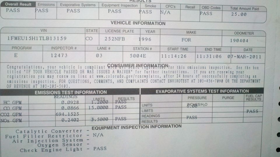 Vehicle registration document with VIN, license plate 252NFB, and year 1996