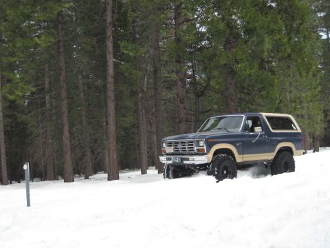 1989 Ford Bronco - A blue and tan Ford Bronco with large off-road tires navigates through a snowy forest.