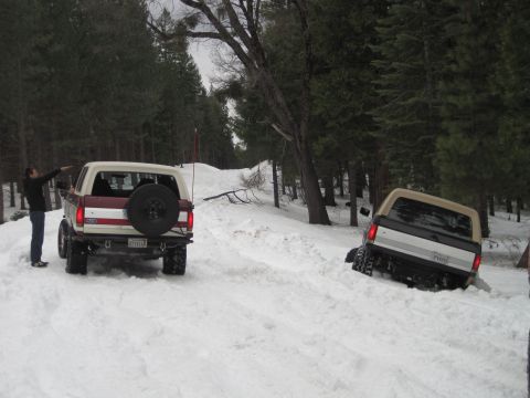 1989 Ford Bronco - Two Ford Broncos navigate a snowy, wooded road, with one vehicle partially stuck in a snowdrift.