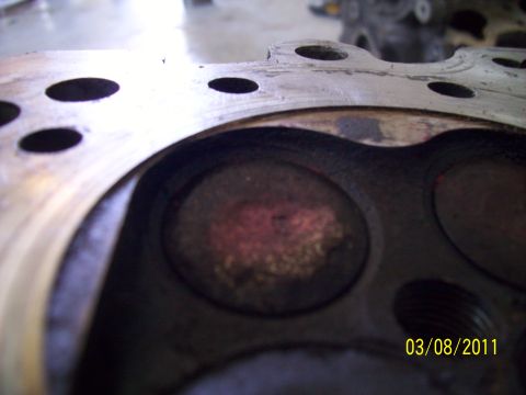 1995 Ford Probe - Close-up of an engine cylinder head, showing valves with carbon deposits and surrounding bolt holes.