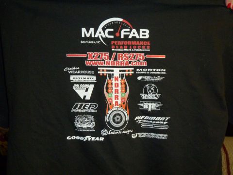 1992 Ford Mustang - T-shirt displays various logos related to drag racing, including MAC FAB and NDRRA.COM.