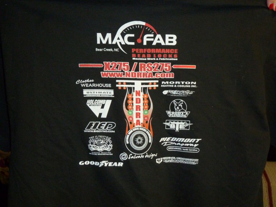 Black t-shirt with MAC FAB, X275/RS275, and NDRRA.COM logos